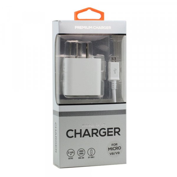 Wholesale Micro V8V9 2.4A Dual 2 Port House Wall Charger 2in1 with 3FT USB (Wall - White)